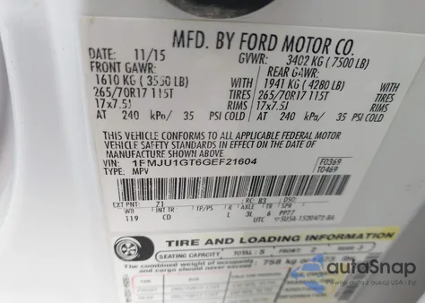 2016 Ford Expedition Xl из США, поврежденный, VIN 1FMJU1GT6GEF21604